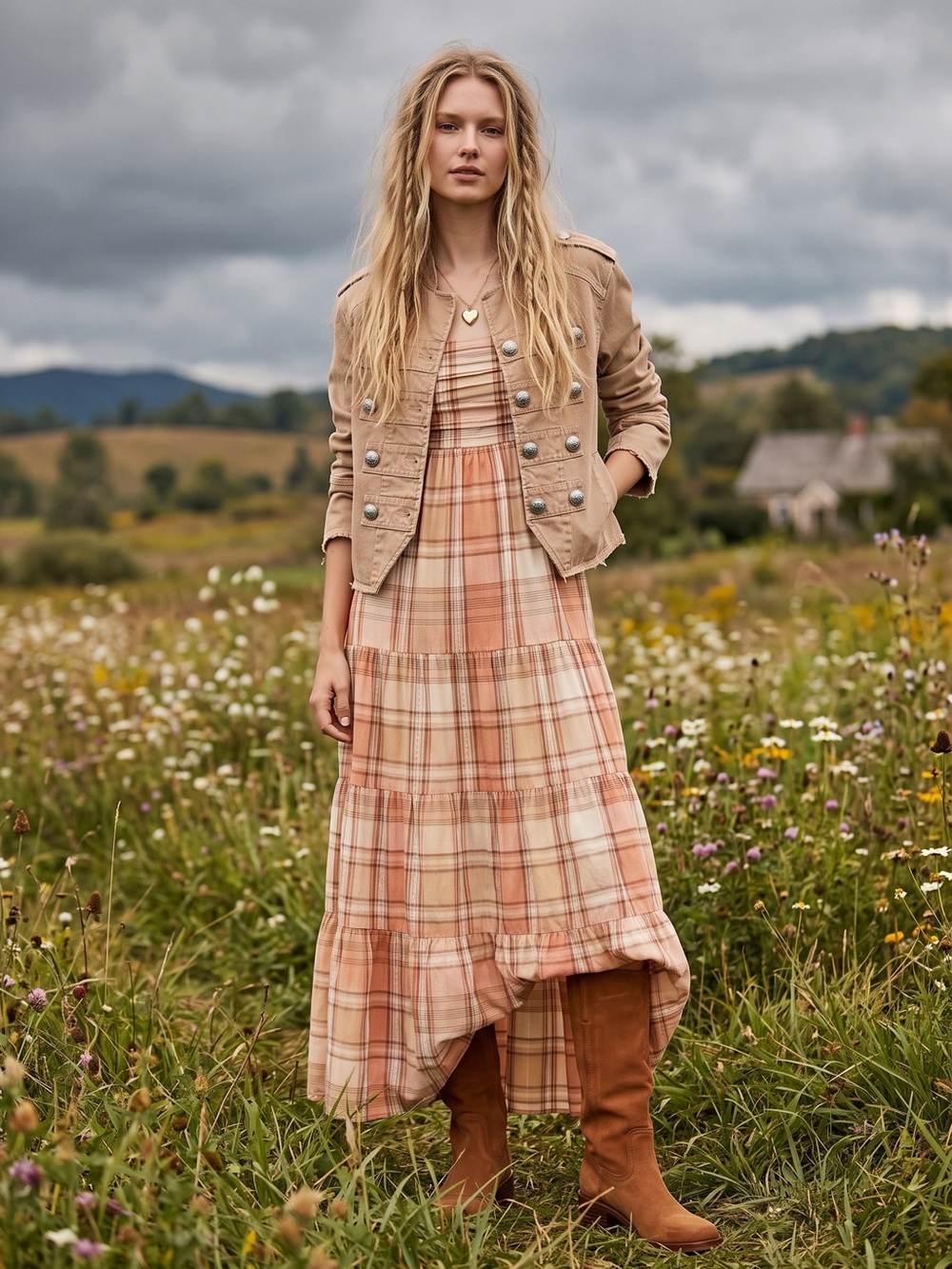 Anthropologie Maeve Preppy Lace Plaid Maxi Dress Neutral Blush Tan Medium NWT